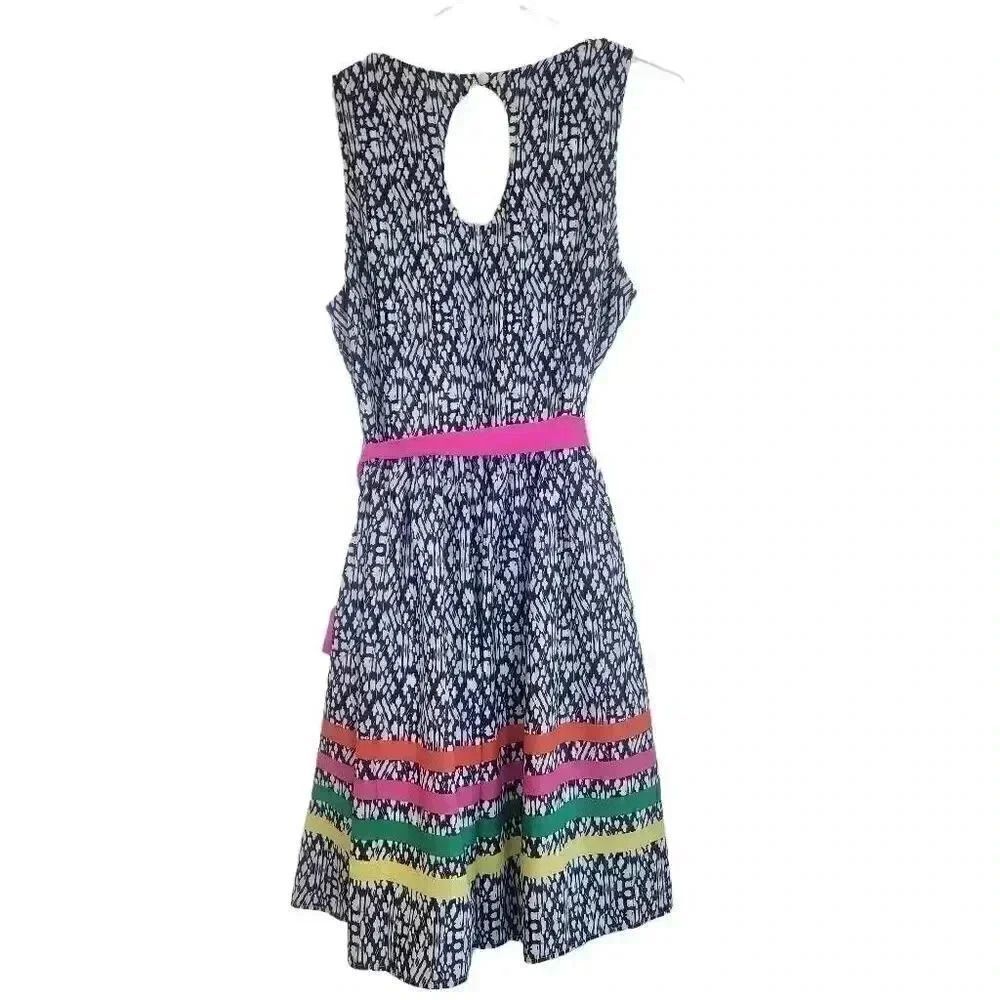 Eliza J Women's Navy & White Poly Print Colorful Striped Ribbons Pink Sash Sleev - Picture 8 of 14